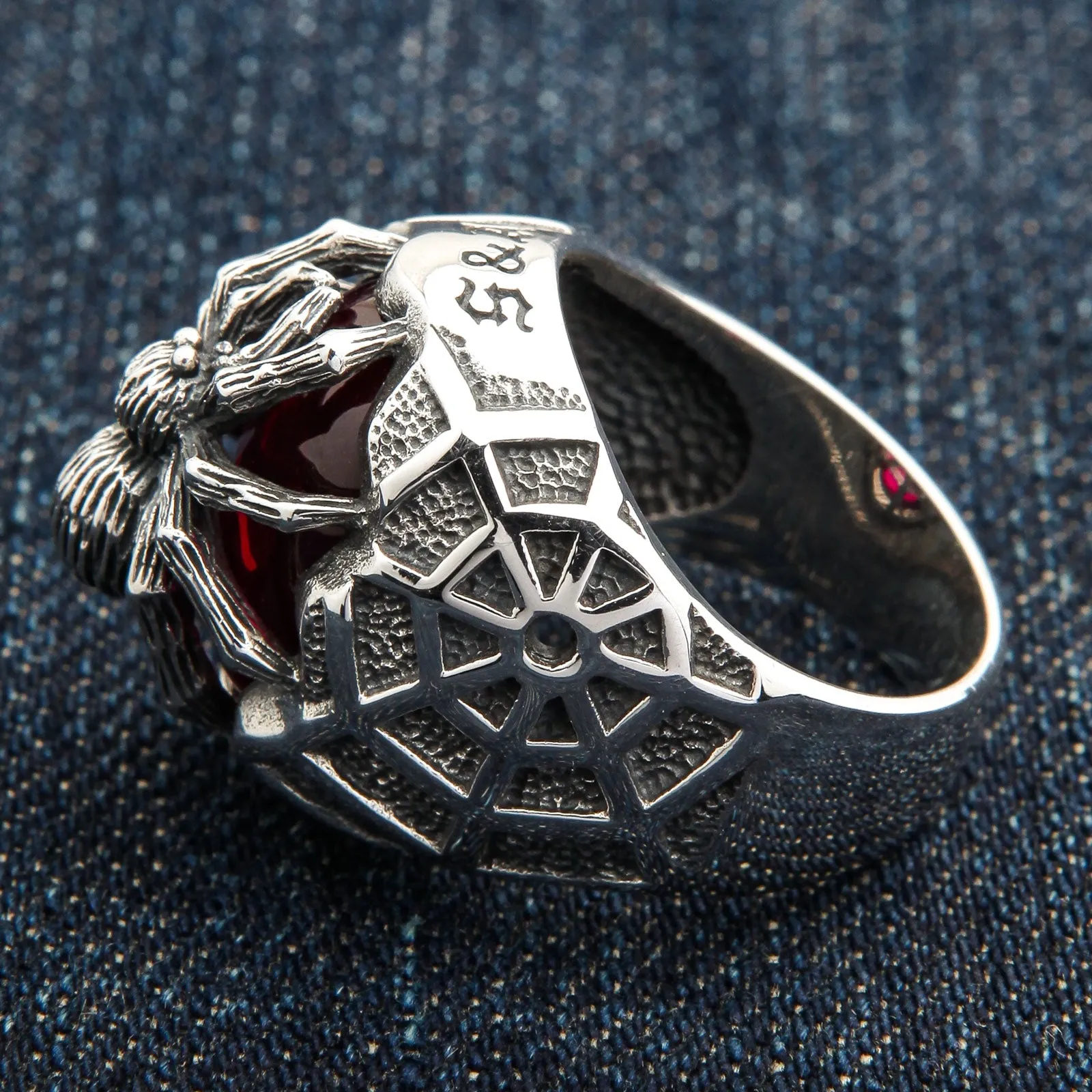 Red Stone Spider Web Sterling Silver Gothic Ring