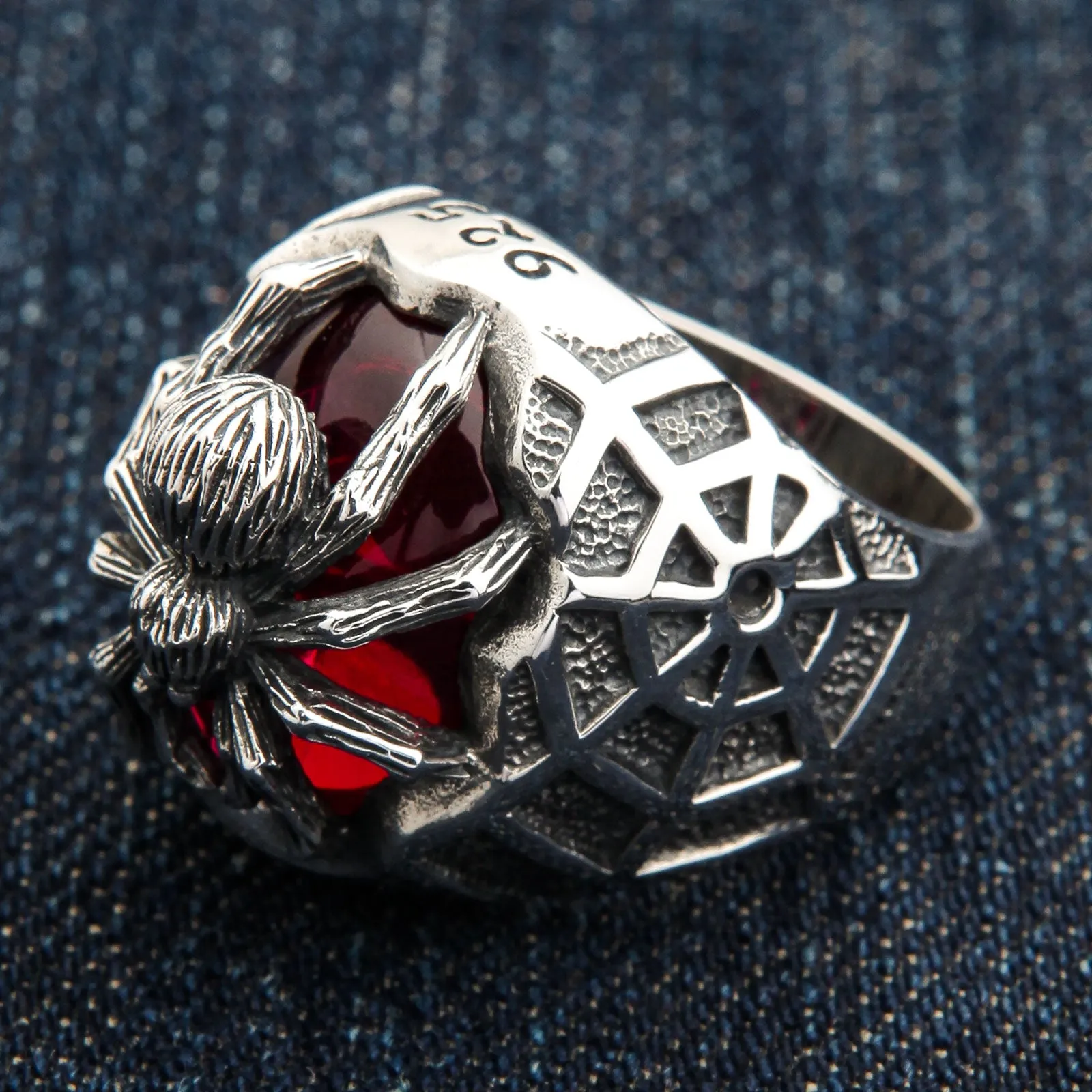Red Stone Spider Web Sterling Silver Gothic Ring