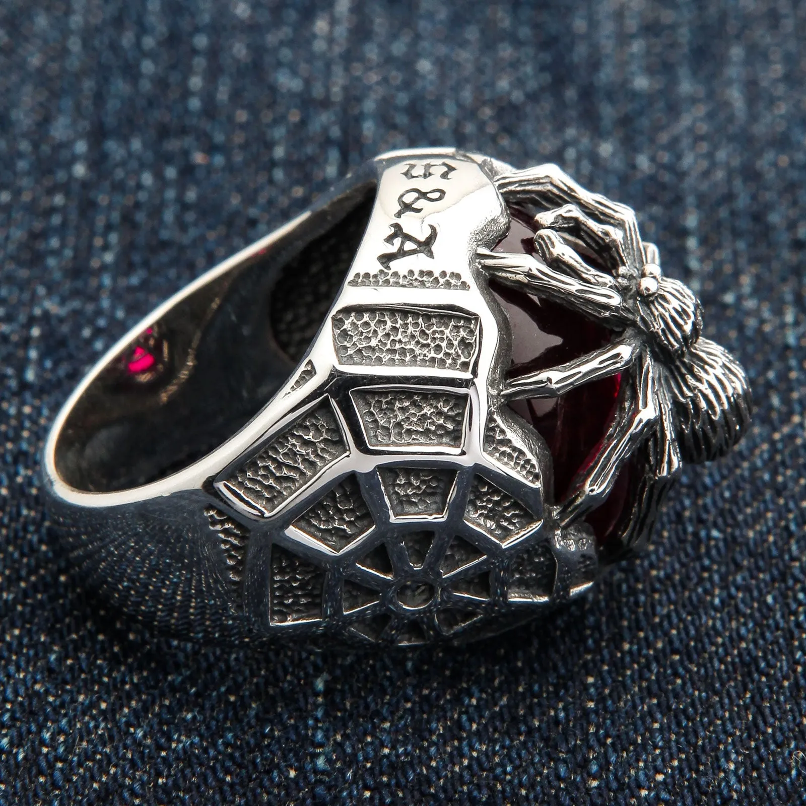 Red Stone Spider Web Sterling Silver Gothic Ring