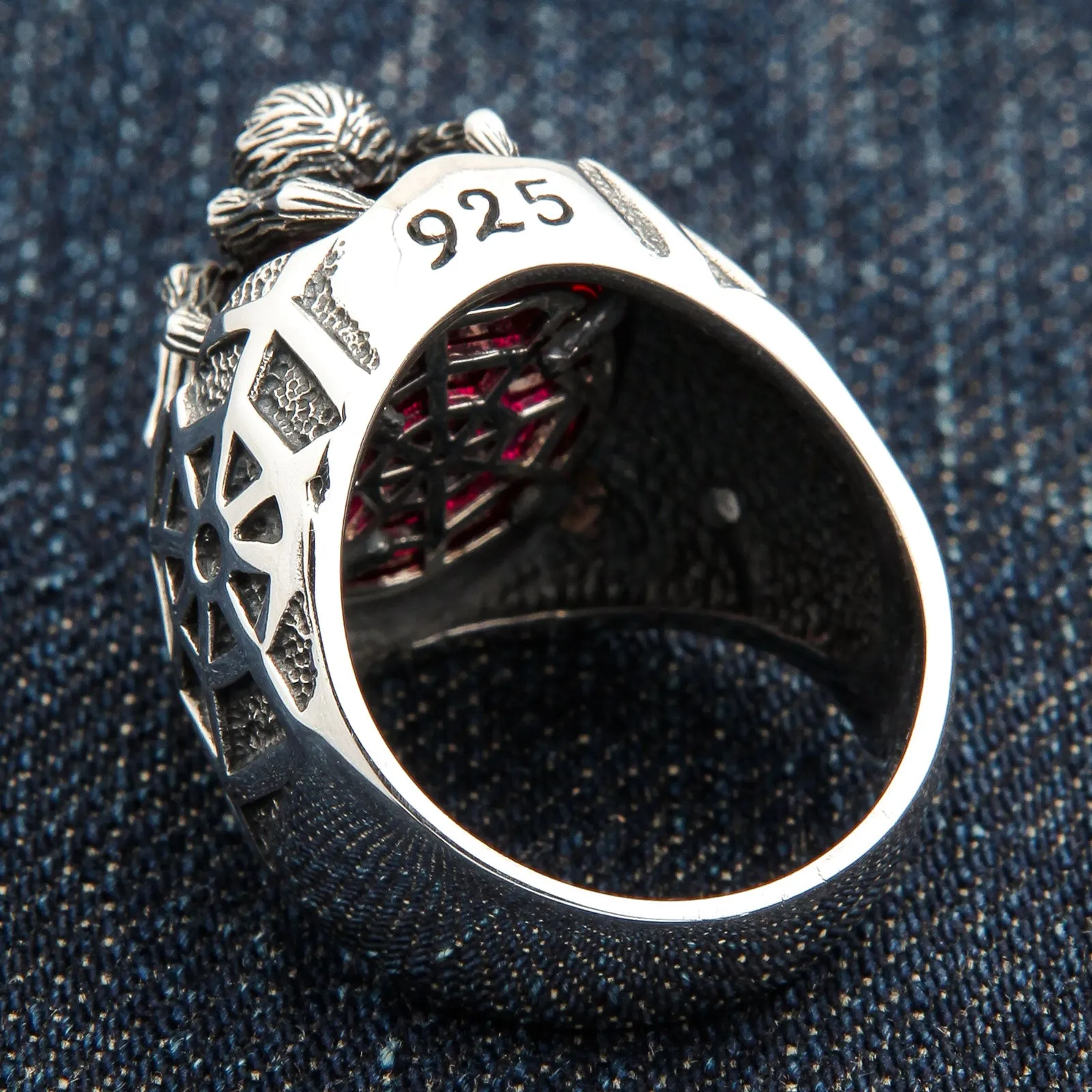 Red Stone Spider Web Sterling Silver Gothic Ring