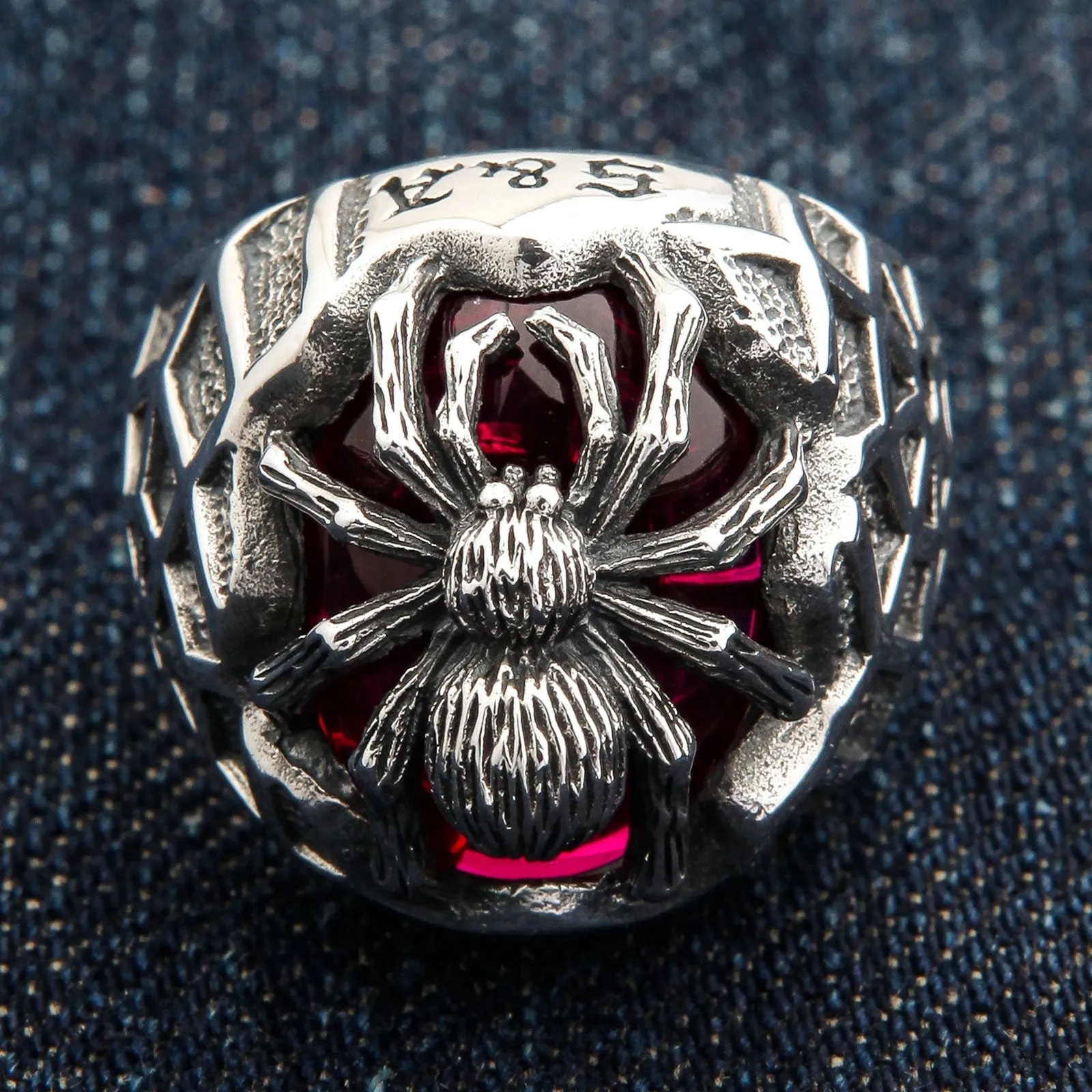 Red Stone Spider Web Sterling Silver Gothic Ring