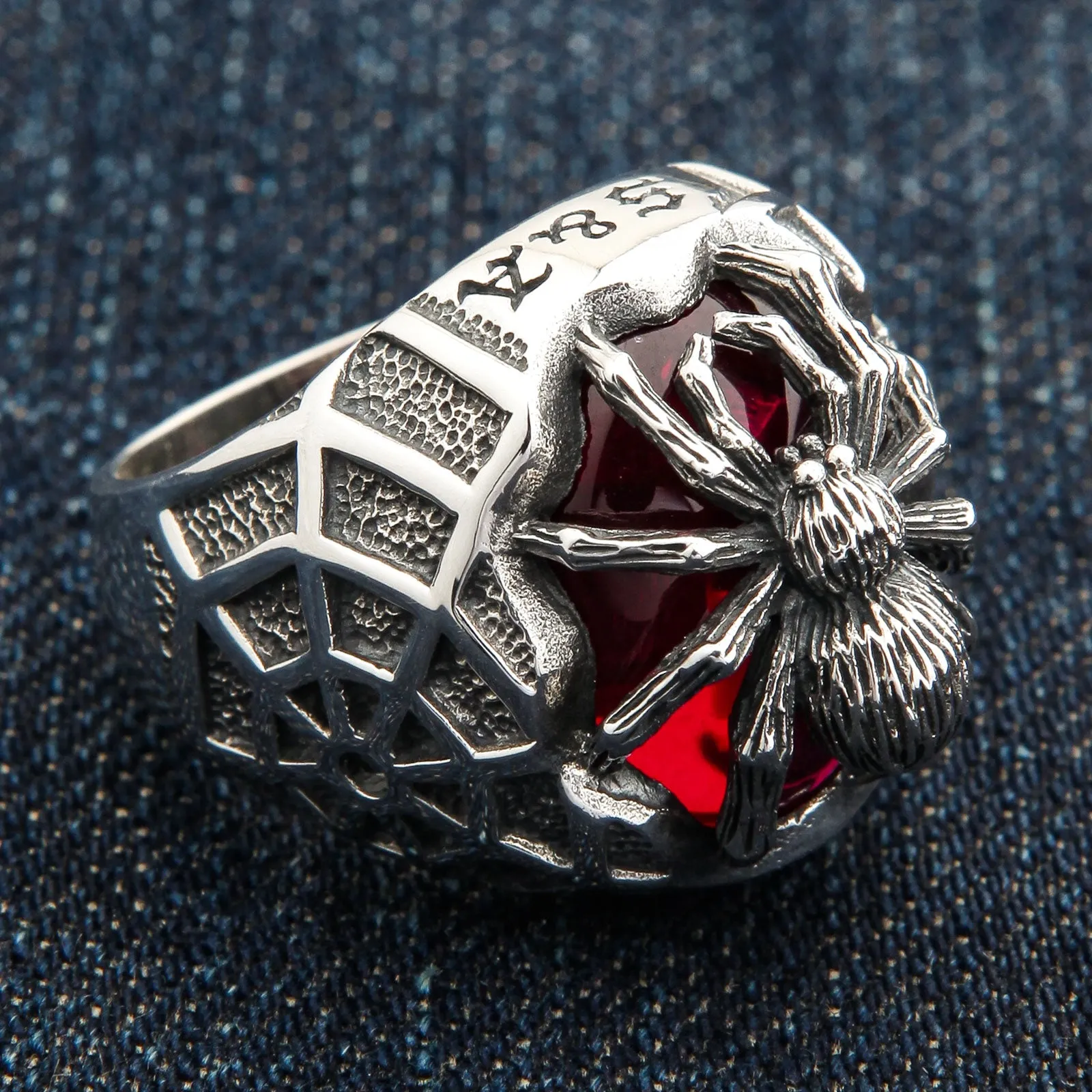 Red Stone Spider Web Sterling Silver Gothic Ring