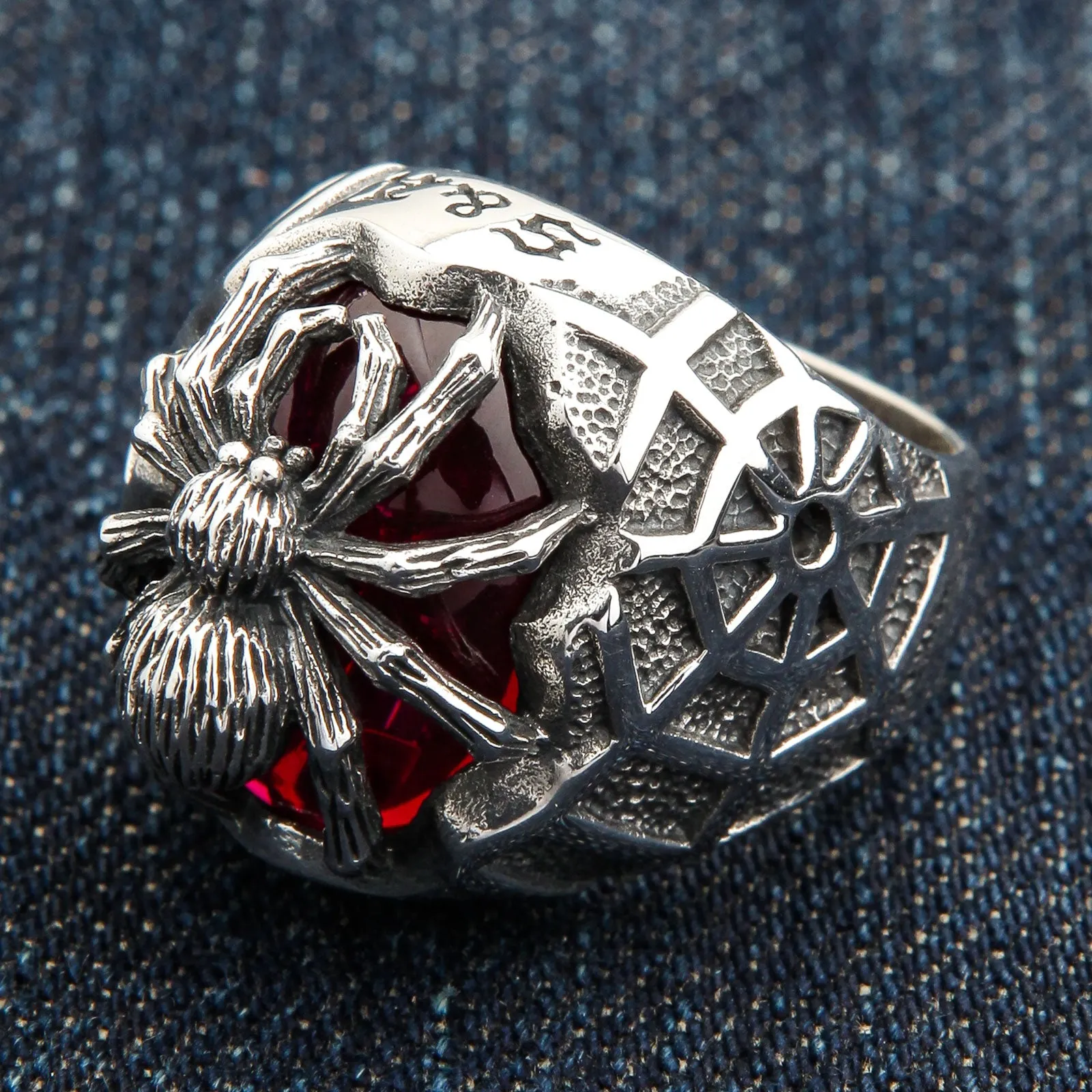 Red Stone Spider Web Sterling Silver Gothic Ring