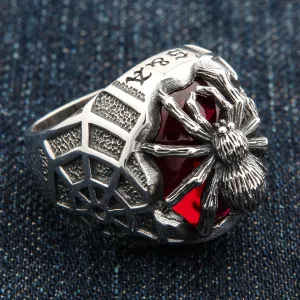 Red Stone Spider Web Sterling Silver Gothic Ring