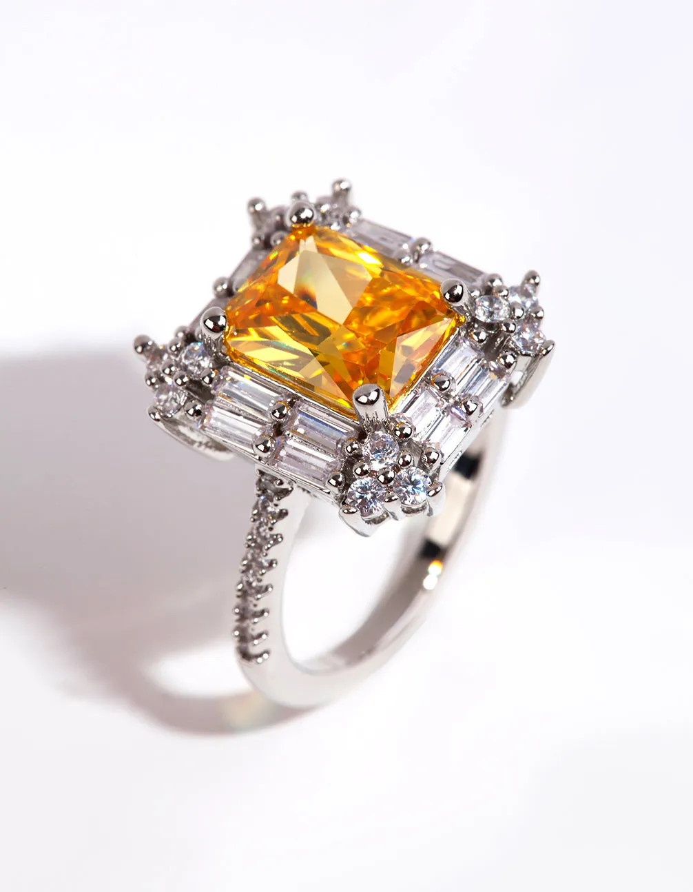 Rhodium Radiant Citrine Cubic Zirconia Ring