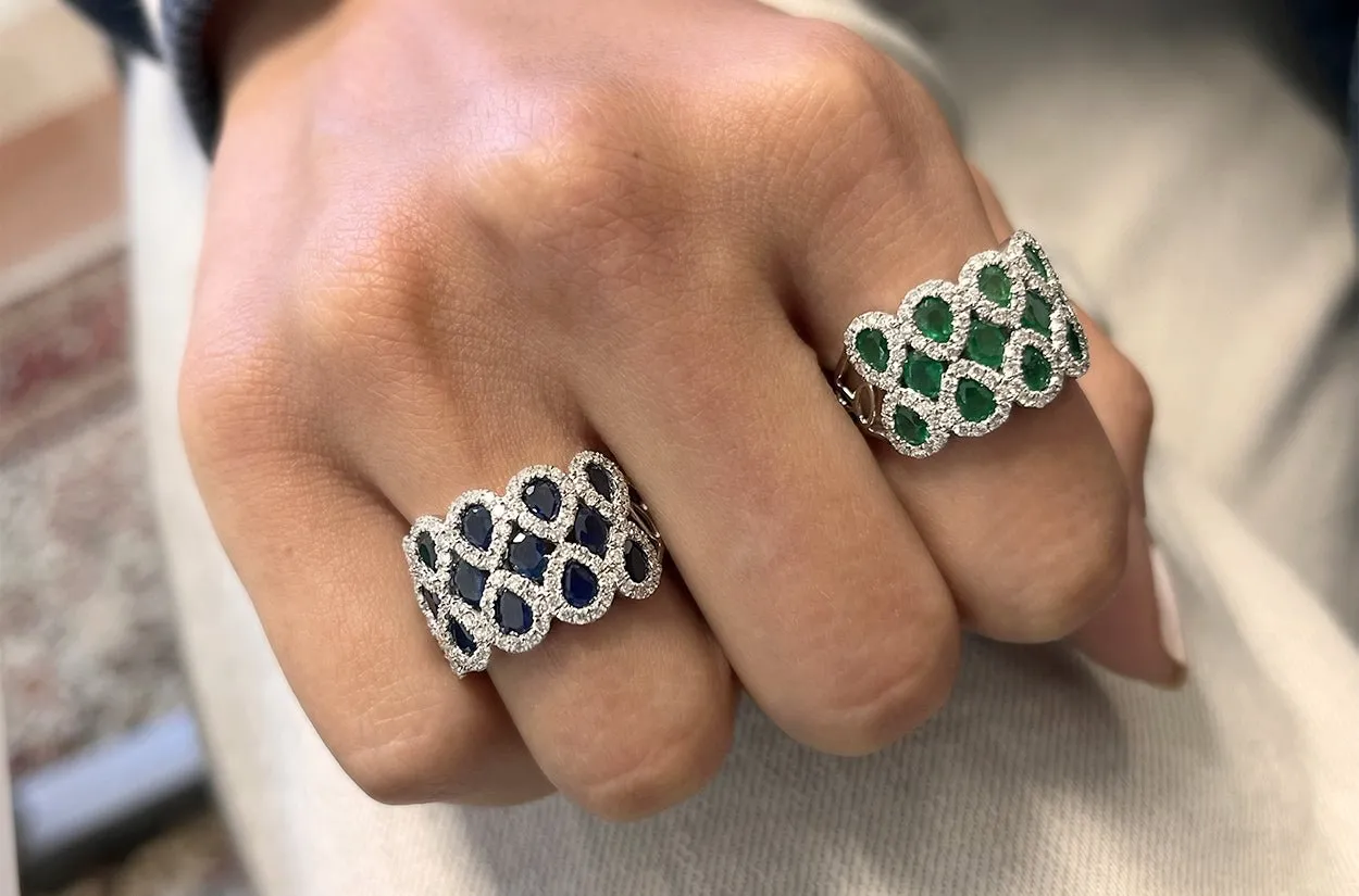 Ring 14kt Gold Multi Row Pear & Oval Emeralds with Diamonds