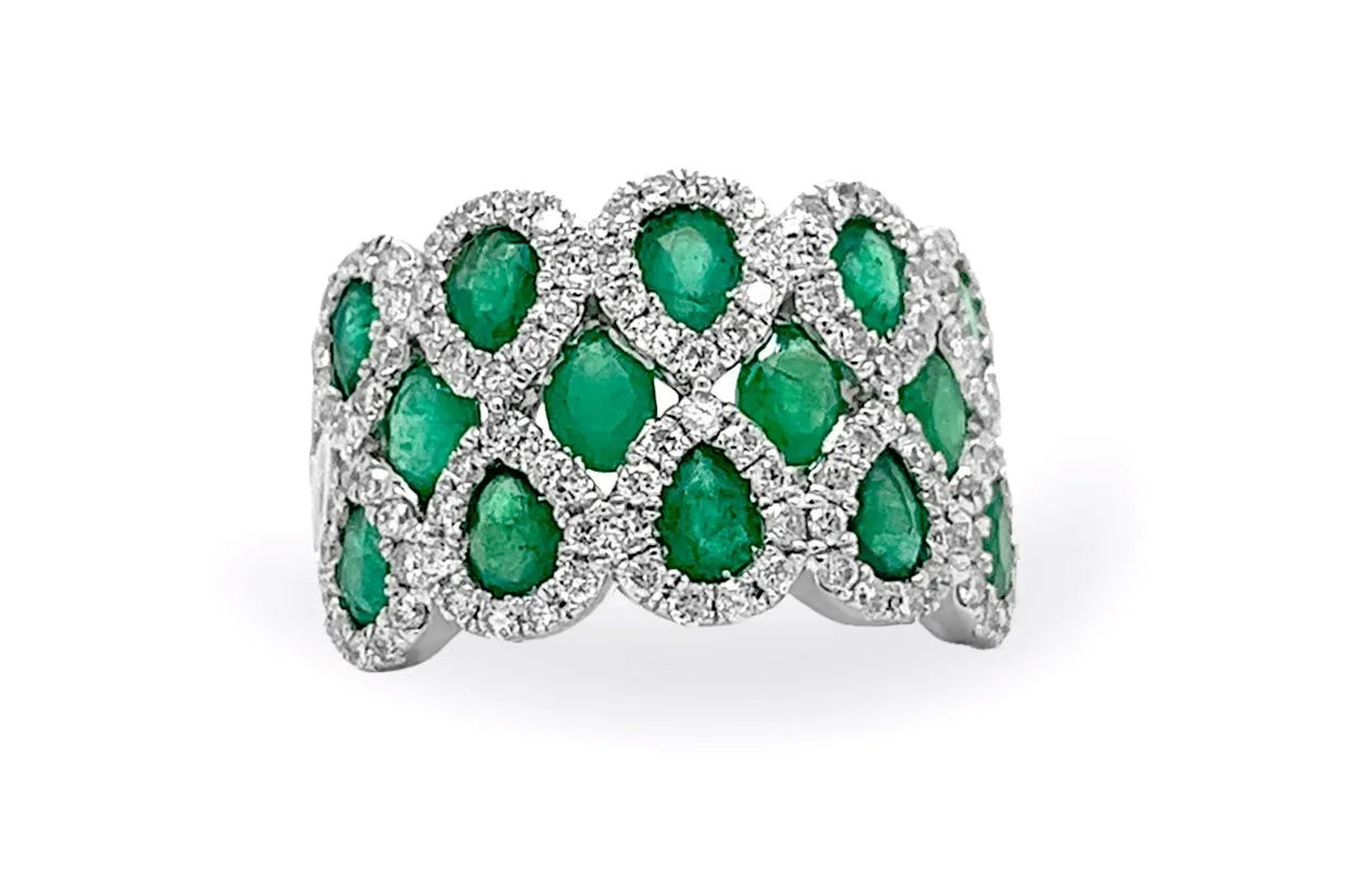 Ring 14kt Gold Multi Row Pear & Oval Emeralds with Diamonds