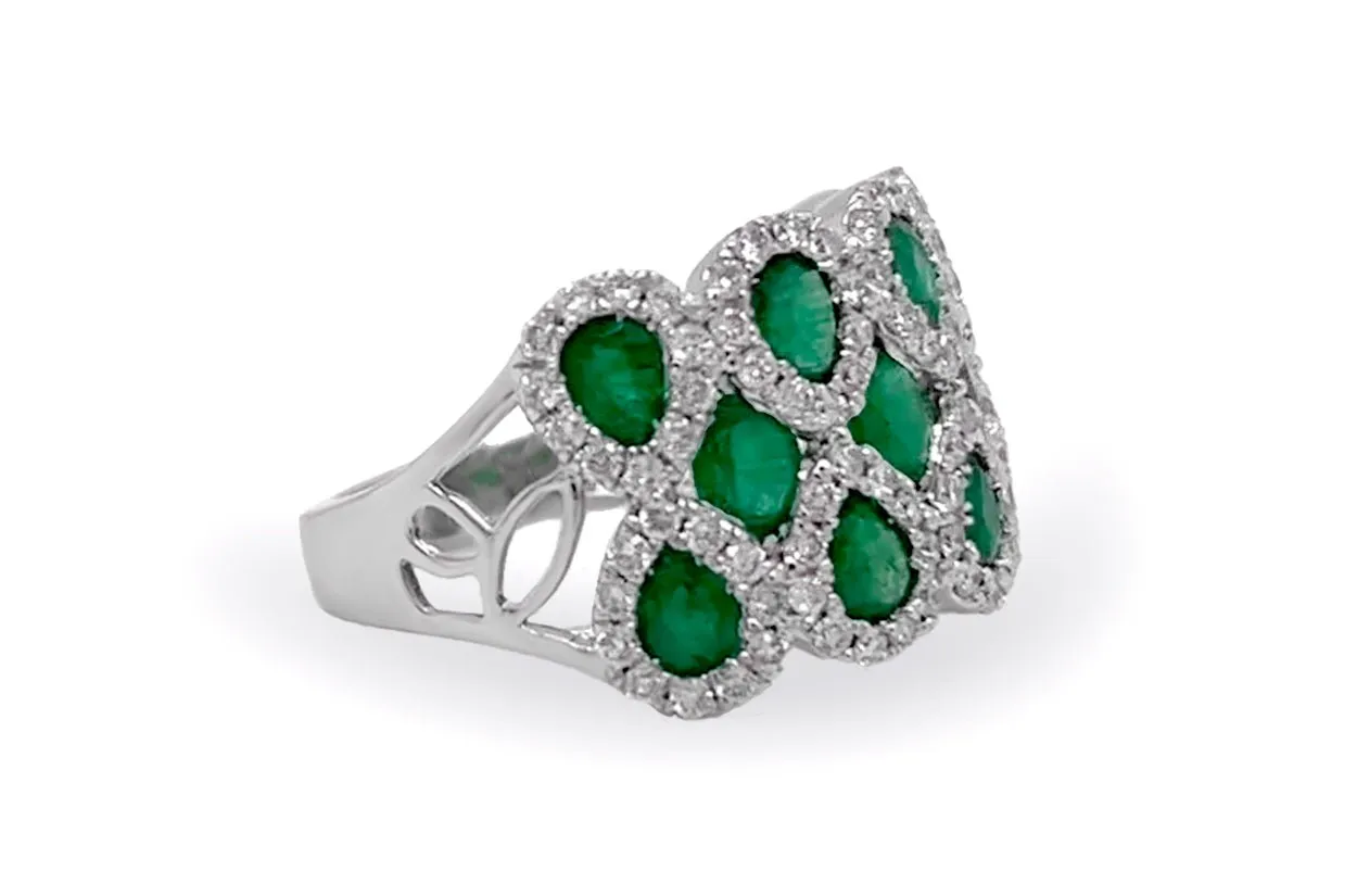Ring 14kt Gold Multi Row Pear & Oval Emeralds with Diamonds