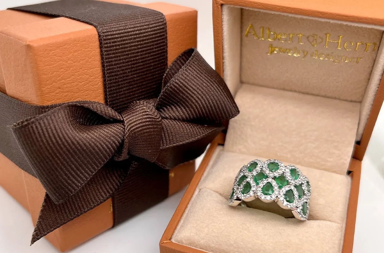 Ring 14kt Gold Multi Row Pear & Oval Emeralds with Diamonds