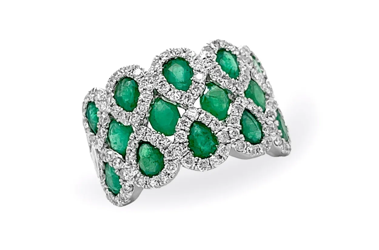 Ring 14kt Gold Multi Row Pear & Oval Emeralds with Diamonds