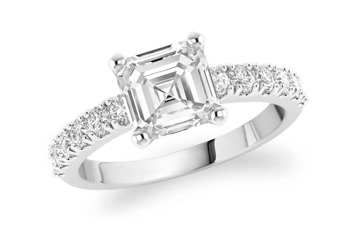 Ring 18kt Gold GIA Square Emerald Cut Center Stone & Diamonds