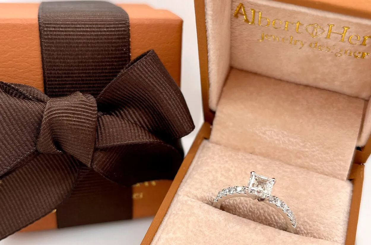Ring 18kt Gold GIA Square Emerald Cut Center Stone & Diamonds