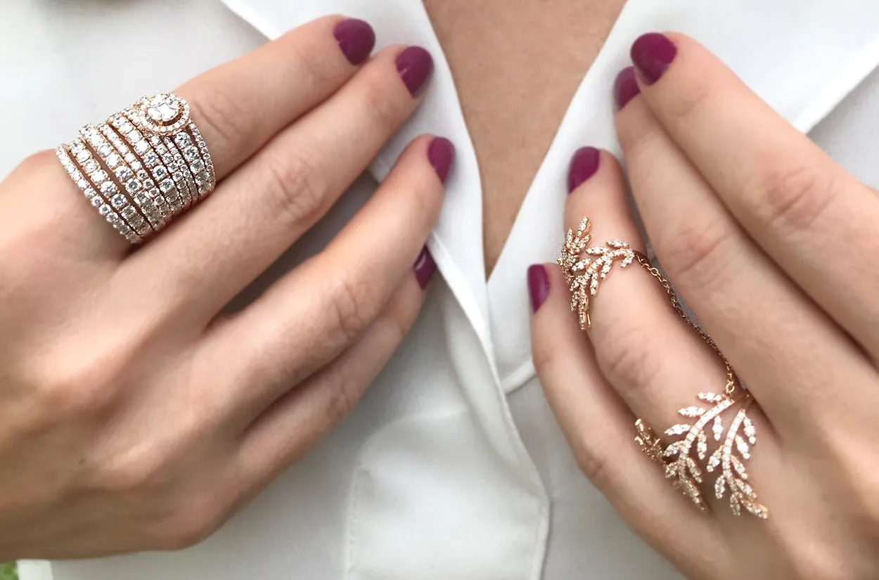 Ring Double Leaf 18kt Rose Gold & Diamonds
