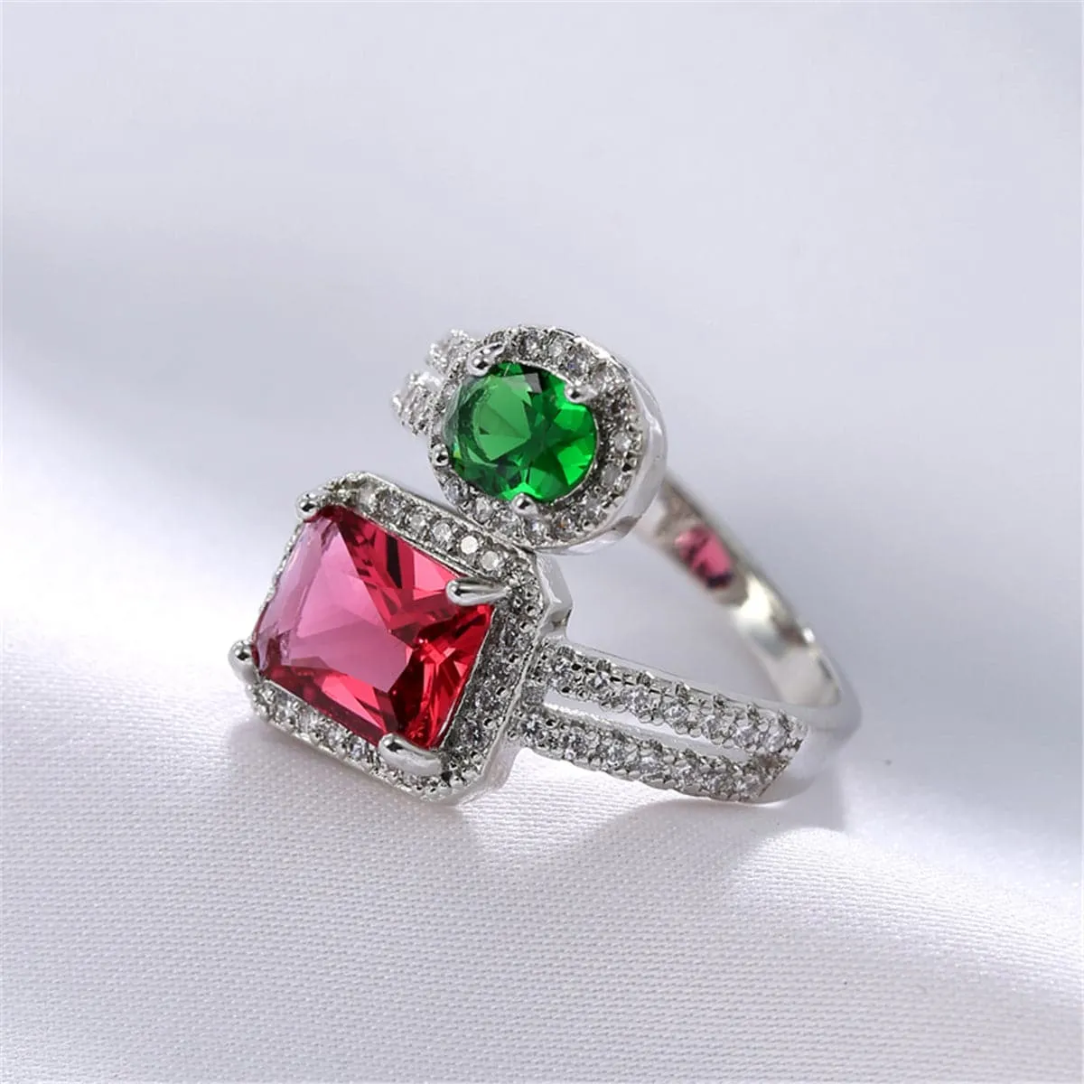 Rose & Green Crystal & Cubic Zirconia Open Bypass Ring