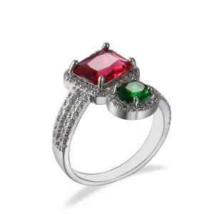 Rose & Green Crystal & Cubic Zirconia Open Bypass Ring