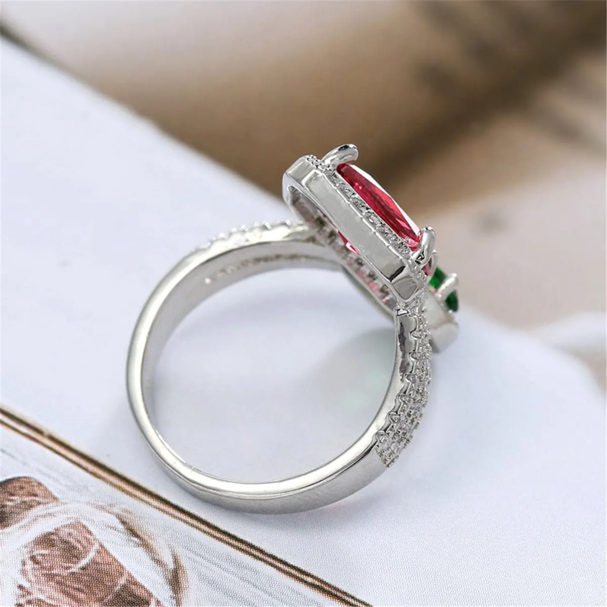 Rose & Green Crystal & Cubic Zirconia Open Bypass Ring