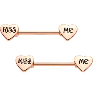 Rose Gold Tone Anodized Kiss Me Barbell Nipple Ring Set