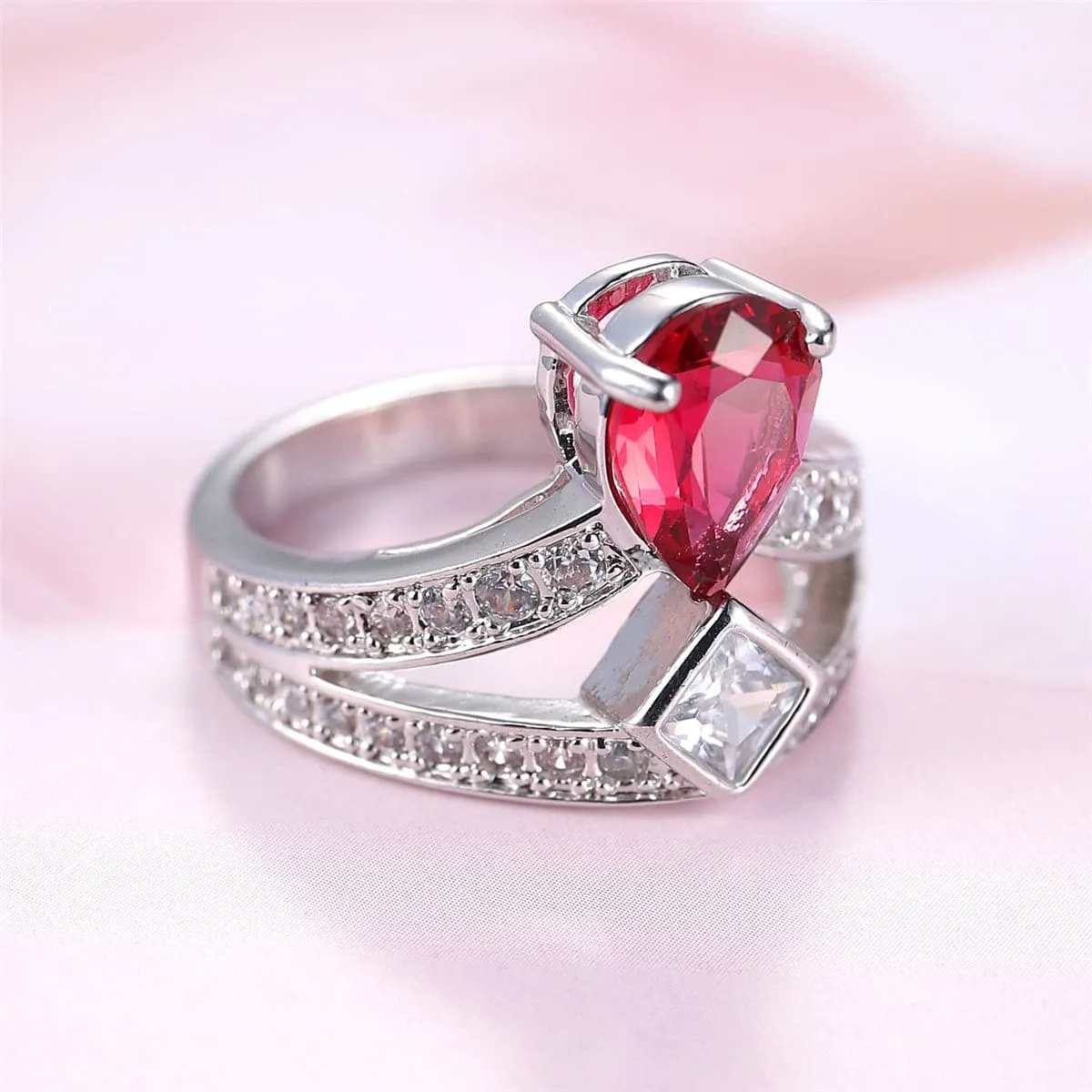 Rose Pear Crystal & Cubic Zirconia Pear Ring