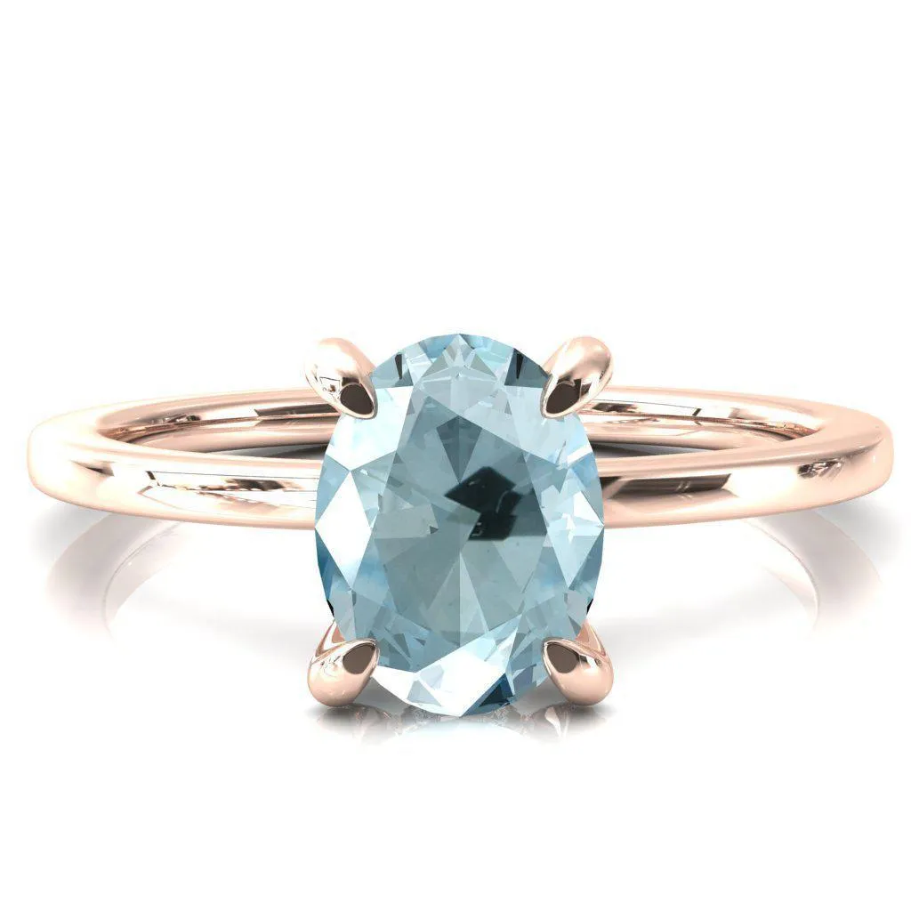 Rosy Oval Aqua Blue Spinel 4 Claw Prong Single Rail Micropave Engagement Ring