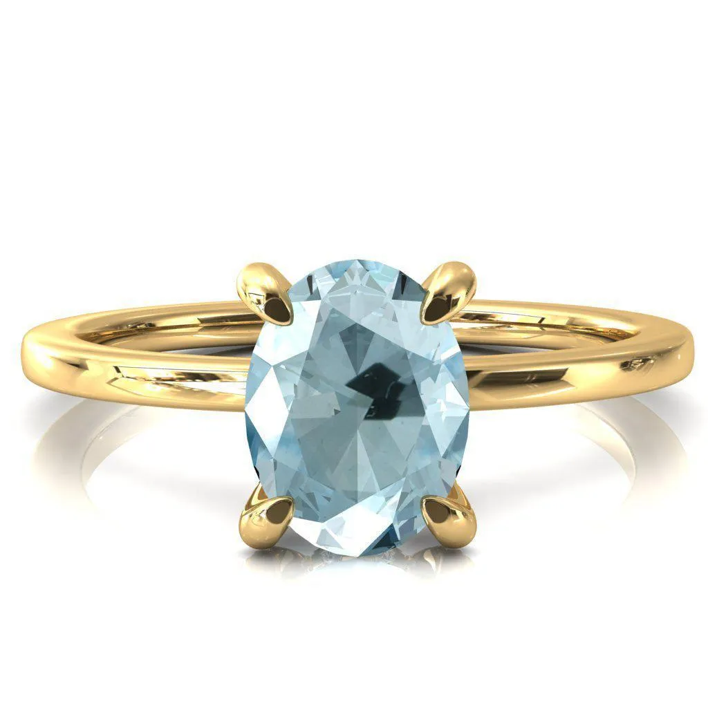 Rosy Oval Aqua Blue Spinel 4 Claw Prong Single Rail Micropave Engagement Ring