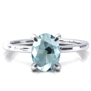 Rosy Oval Aqua Blue Spinel 4 Claw Prong Single Rail Micropave Engagement Ring
