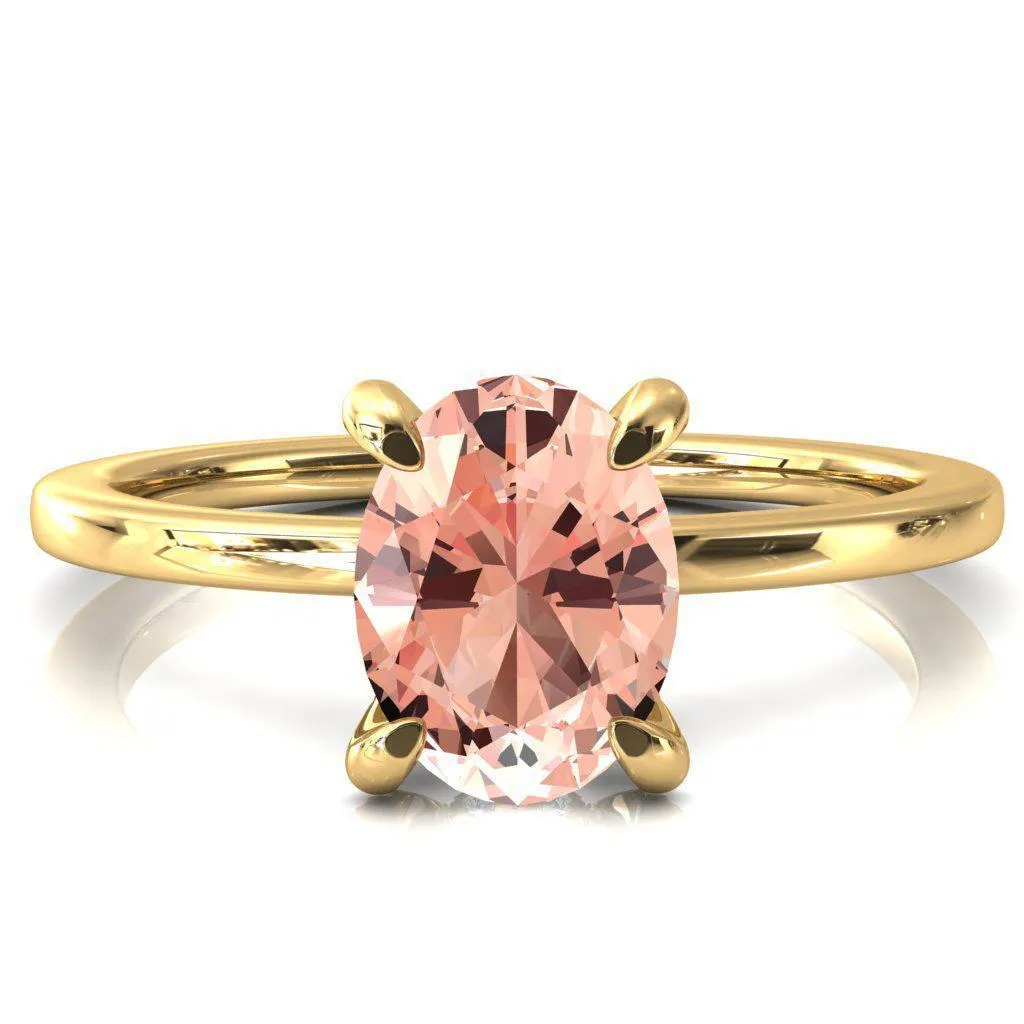Rosy Oval Champagne Sapphire 4 Claw Prong Single Rail Micropave Engagement Ring