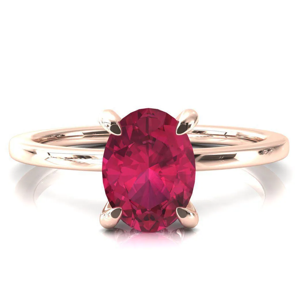Rosy Oval Ruby 4 Claw Prong Single Rail Micropave Engagement Ring
