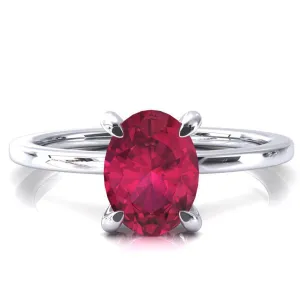 Rosy Oval Ruby 4 Claw Prong Single Rail Micropave Engagement Ring