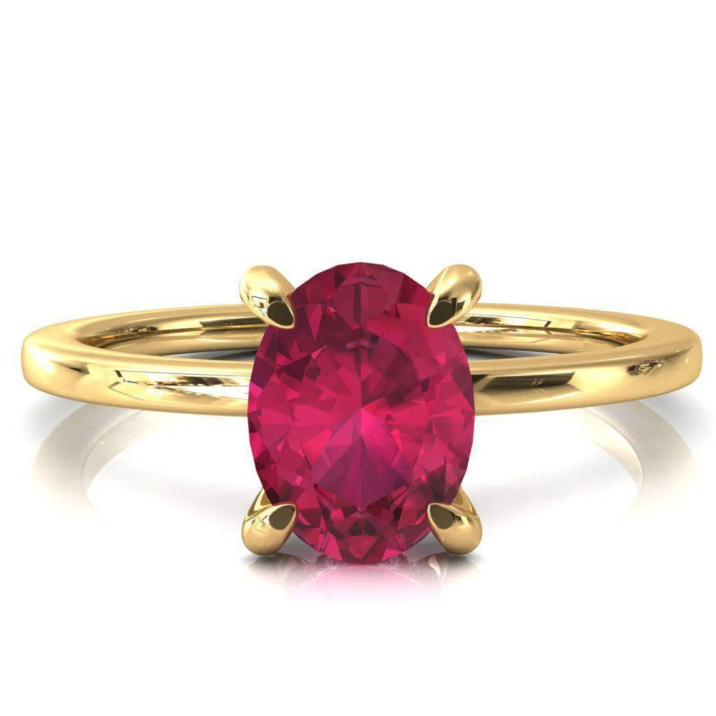 Rosy Oval Ruby 4 Claw Prong Single Rail Micropave Engagement Ring