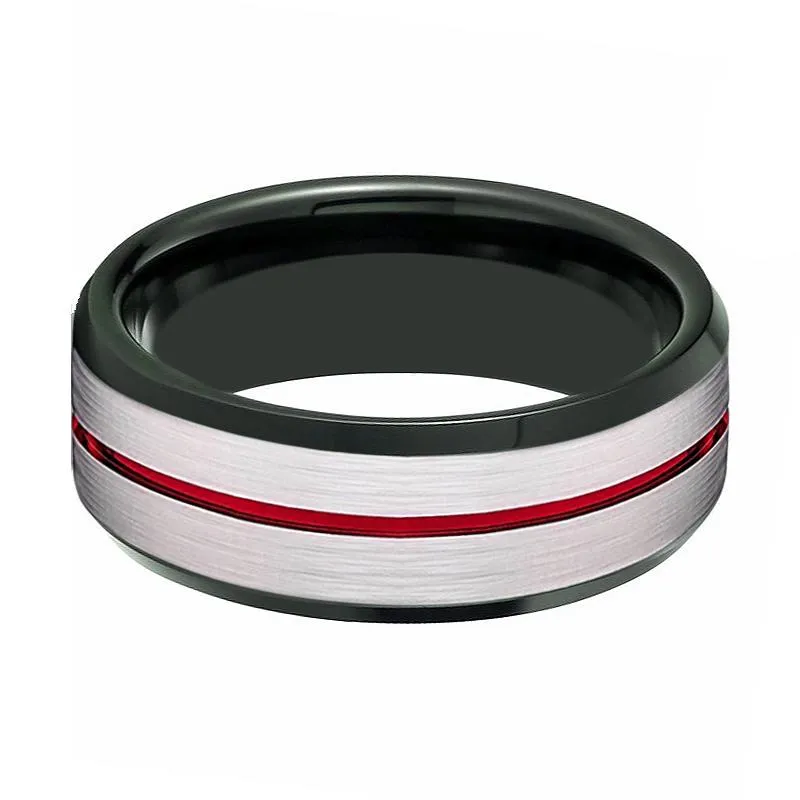 SCORCH | Black Ring, Silver Brushed Red Groove Black Beveled