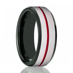 SCORCH | Black Ring, Silver Brushed Red Groove Black Beveled