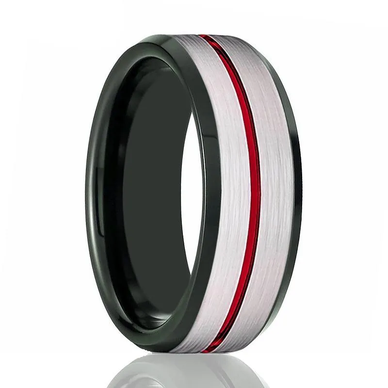 SCORCH | Black Ring, Silver Brushed Red Groove Black Beveled
