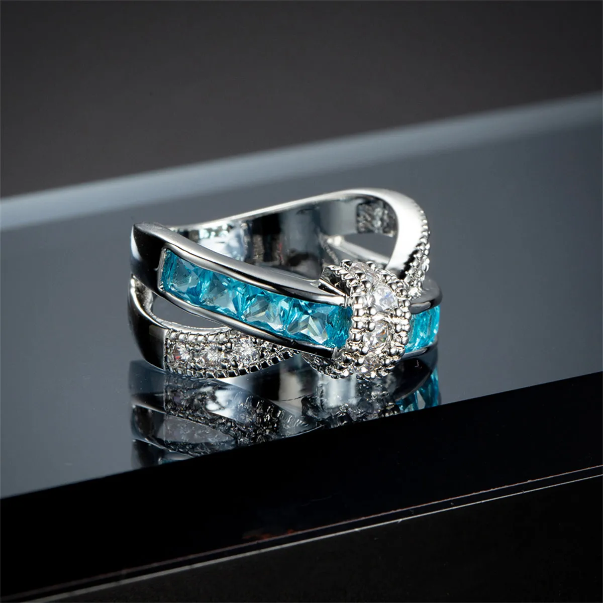 Sea Blue Crystal & Cubic Zirconia Openwork Twist Princess-Cut Ring