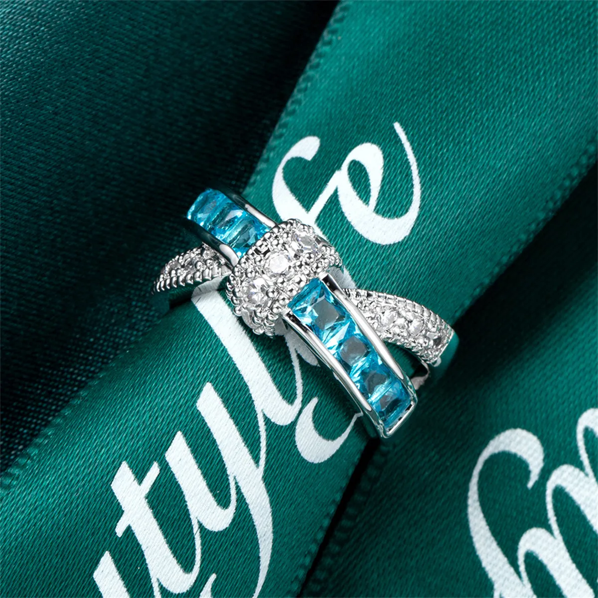 Sea Blue Crystal & Cubic Zirconia Openwork Twist Princess-Cut Ring