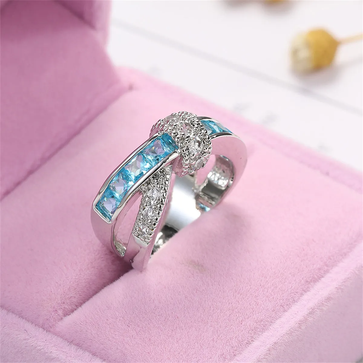 Sea Blue Crystal & Cubic Zirconia Openwork Twist Princess-Cut Ring