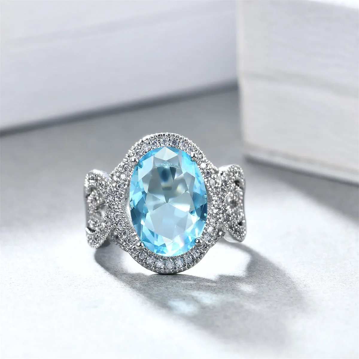 Sea Blue Crystal & Cubic Zirconia Oval-Cut Ring