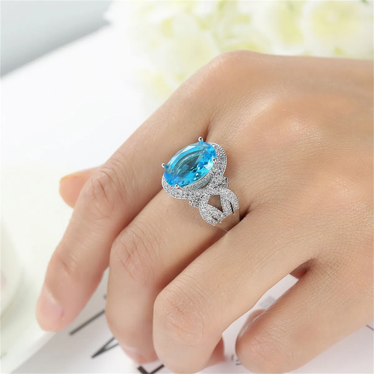 Sea Blue Crystal & Cubic Zirconia Oval-Cut Ring