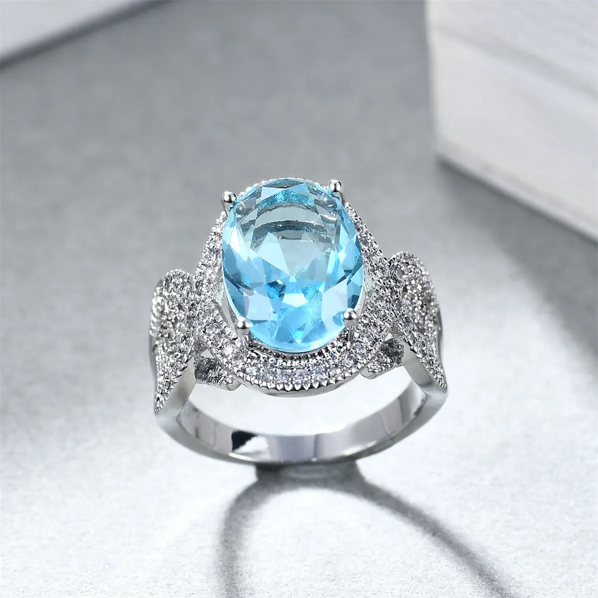 Sea Blue Crystal & Cubic Zirconia Oval-Cut Ring