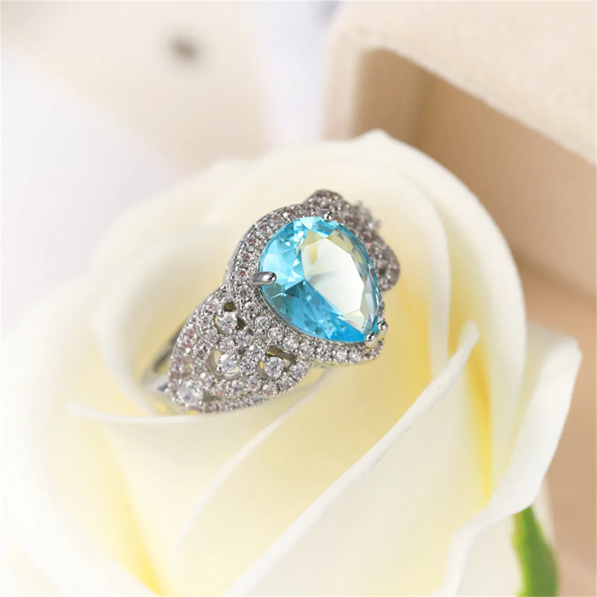 Sea Blue Crystal & Cubic Zirconia Teardrop-Cut Ring