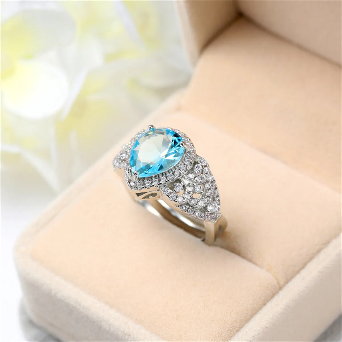 Sea Blue Crystal & Cubic Zirconia Teardrop-Cut Ring