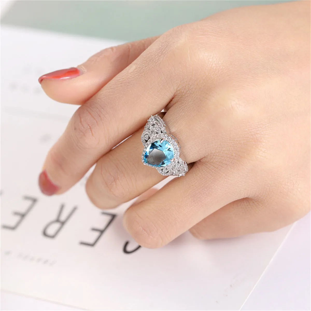 Sea Blue Crystal & Cubic Zirconia Teardrop-Cut Ring