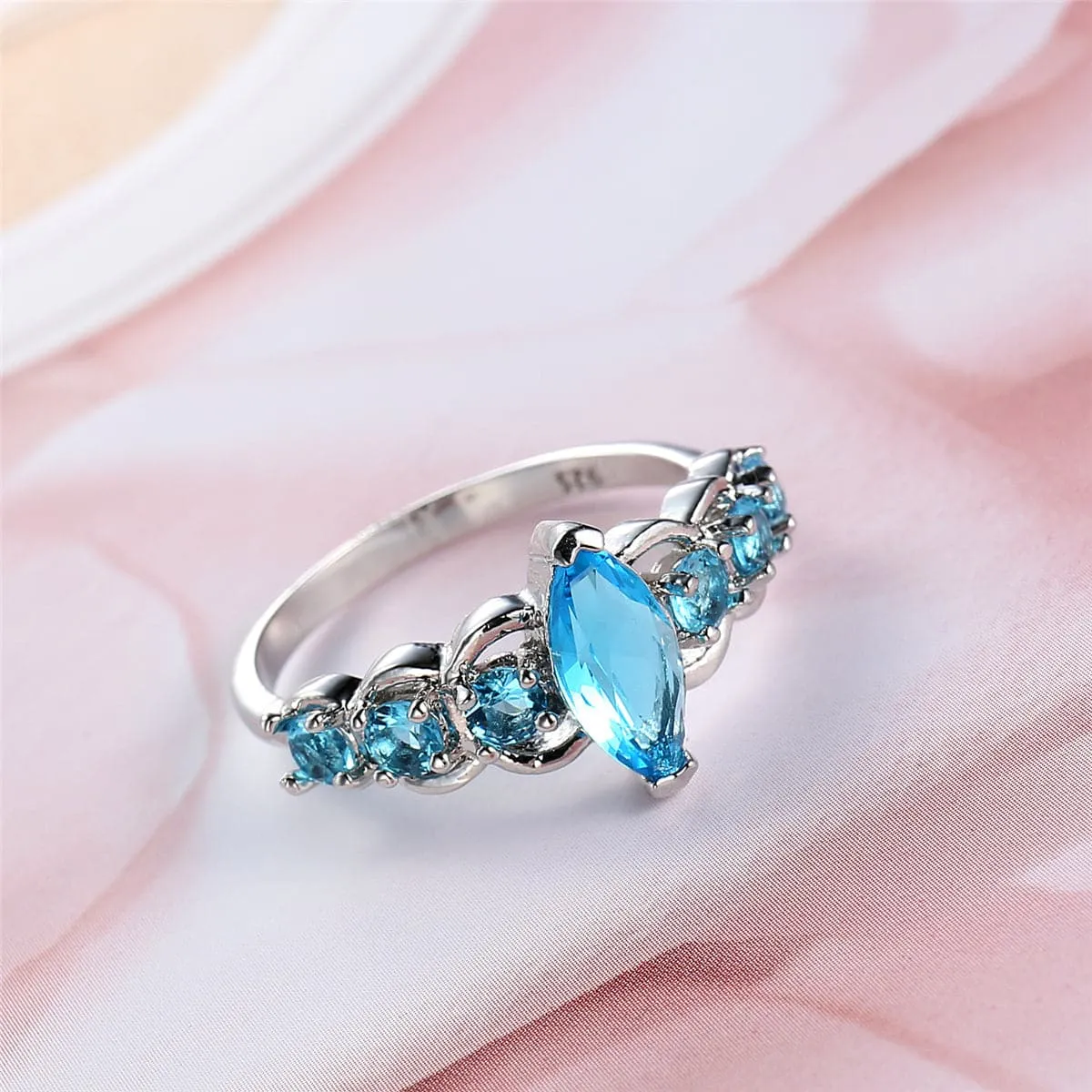 Sea Blue Crystal & Silver-Plated Marquise Ring