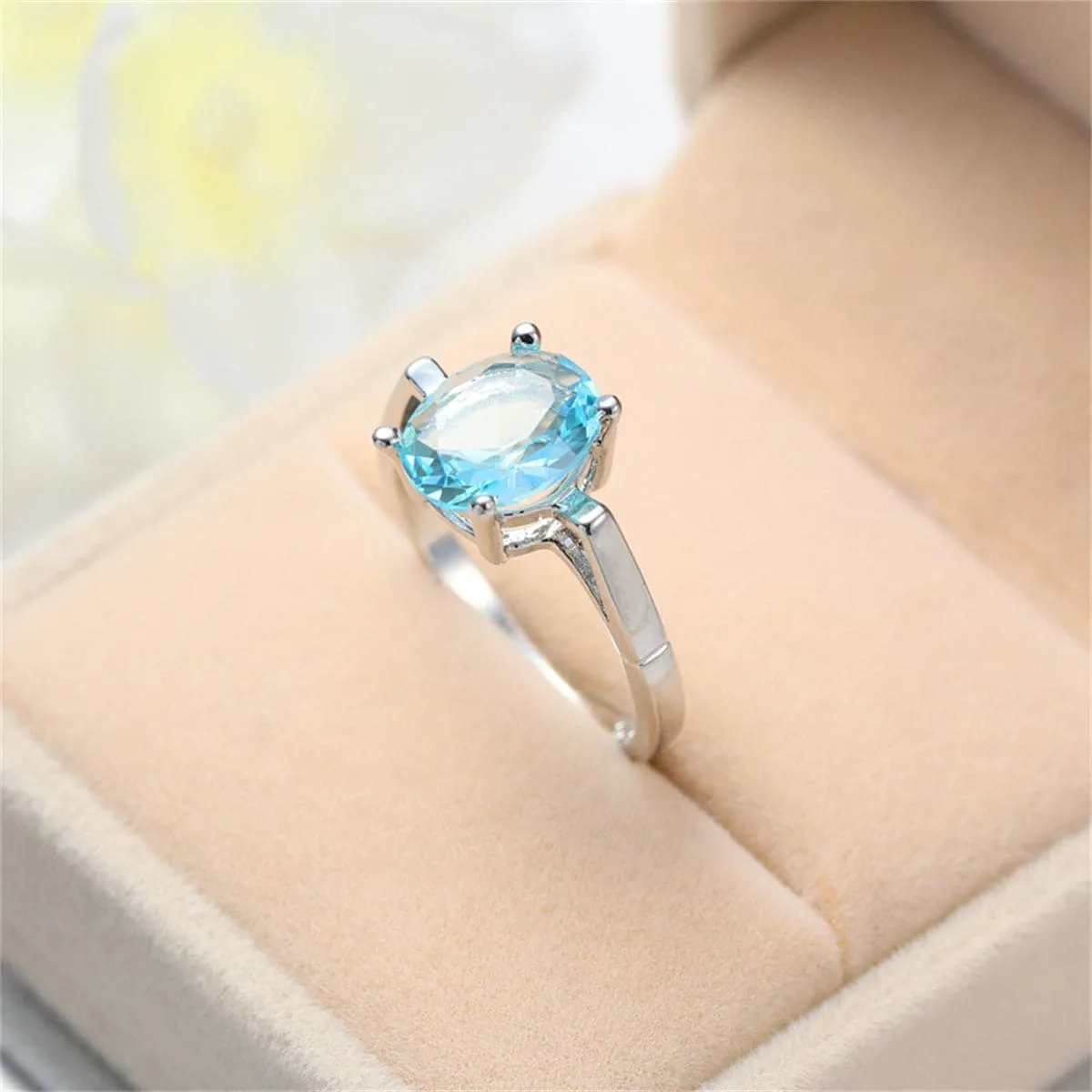 Sea Blue Crystal & Silver-Plated Openwork Geometric Oval-Cut Ring