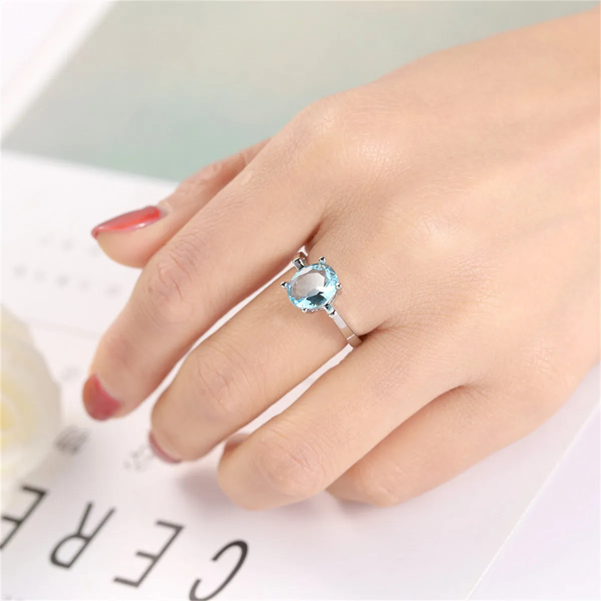 Sea Blue Crystal & Silver-Plated Openwork Geometric Oval-Cut Ring