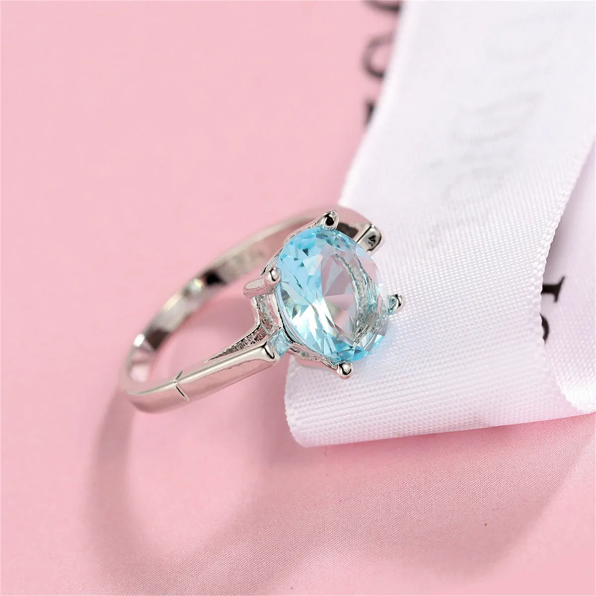 Sea Blue Crystal & Silver-Plated Openwork Geometric Oval-Cut Ring