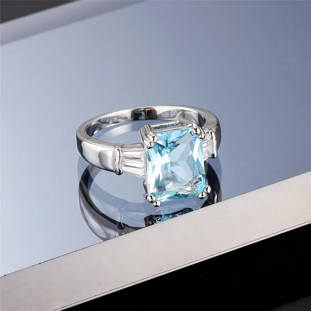 Sea Blue Crystal & Silver-Plated Ring