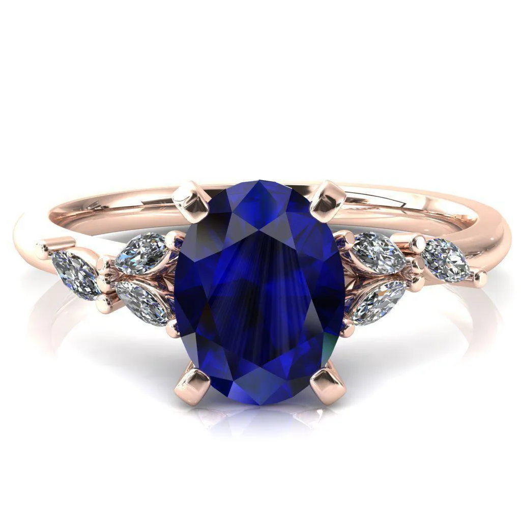Sigrid Oval Blue Sapphire 4 Prong Marquise Diamond Side Ring