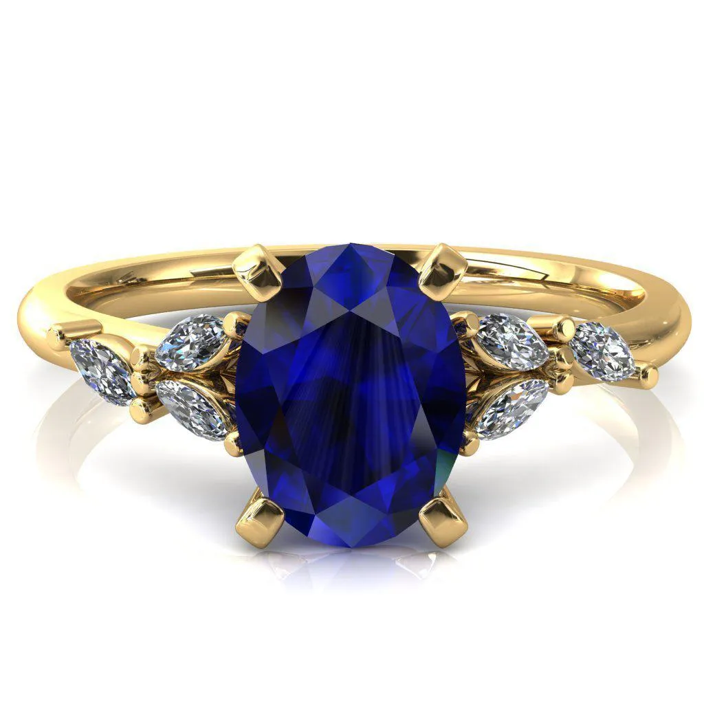 Sigrid Oval Blue Sapphire 4 Prong Marquise Diamond Side Ring