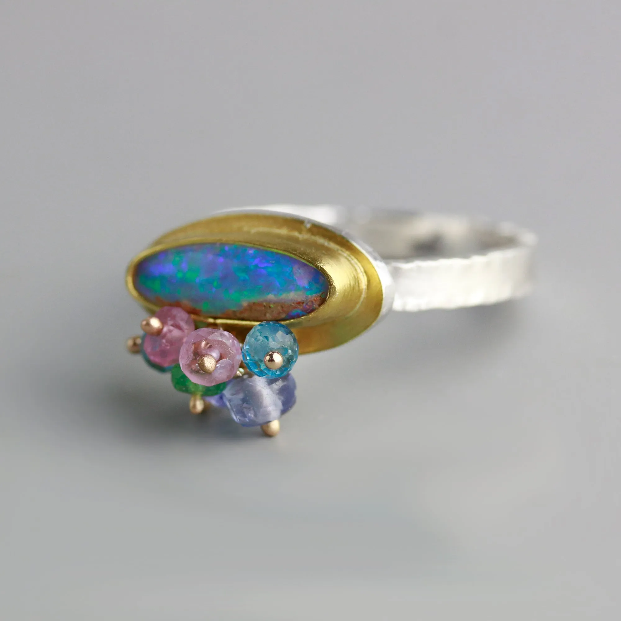 Slender Pipe Opal Ring with Fringe. Size 8