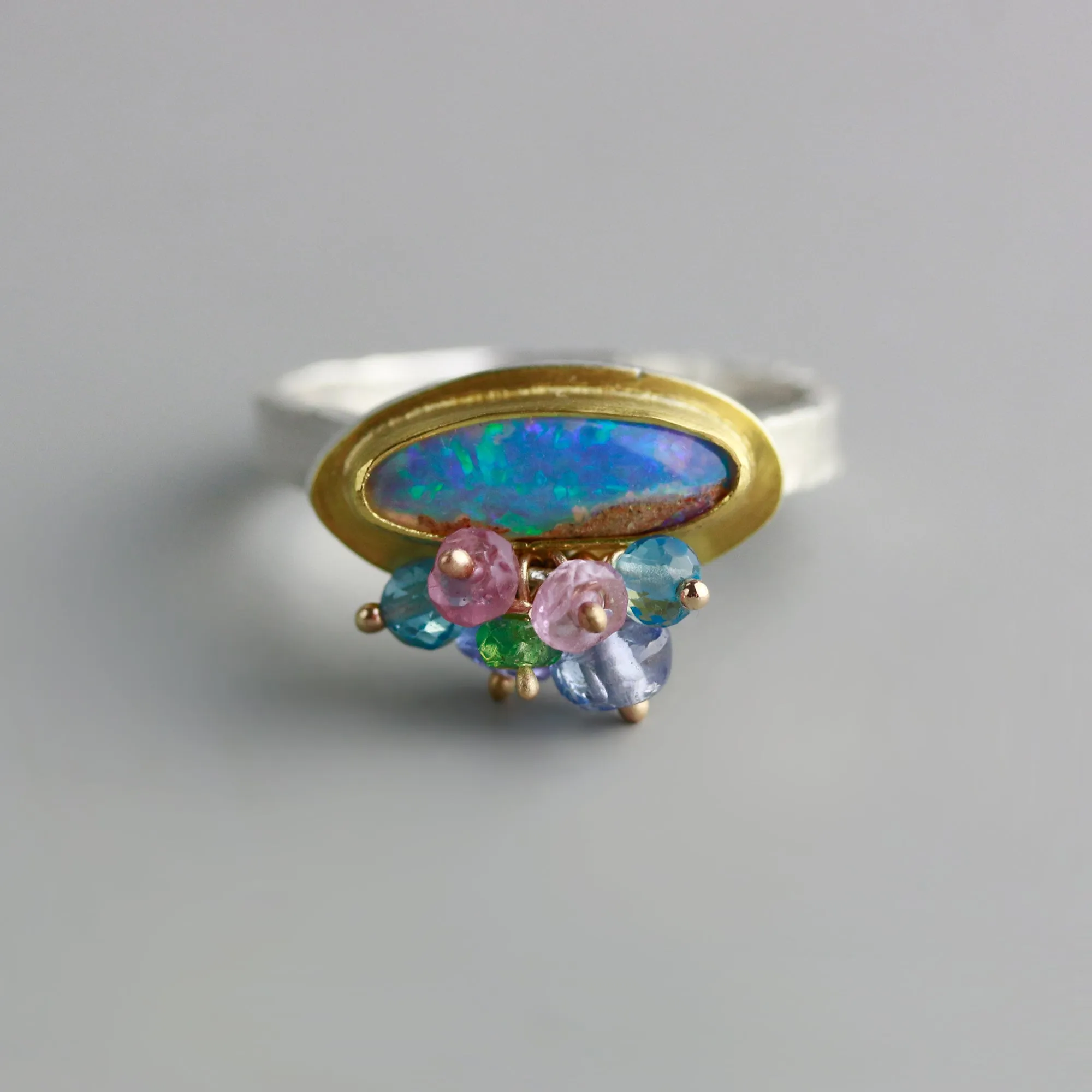 Slender Pipe Opal Ring with Fringe. Size 8